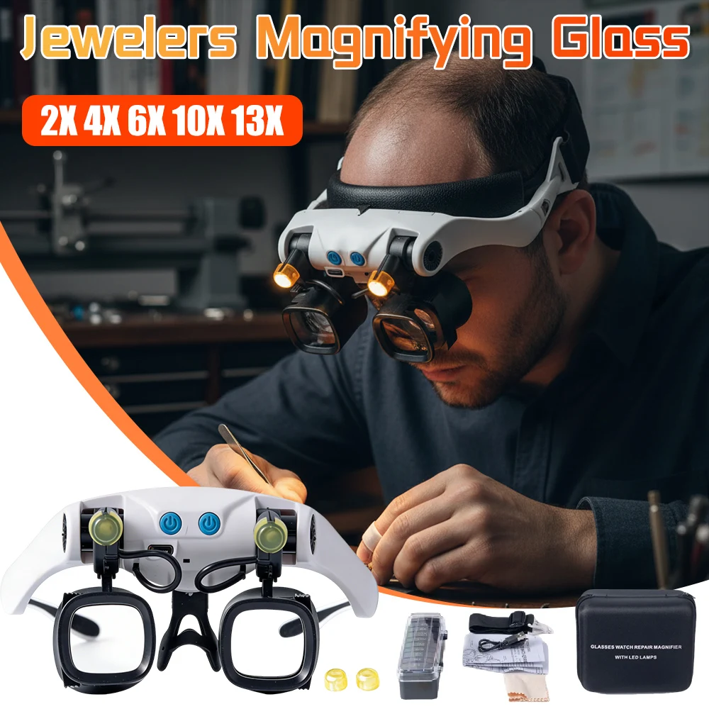 

Ювелирная лупа с подсветкой и сменными линзами (2X, 4X, 6X, 10X, 13X), наголовная лупа для точных работ