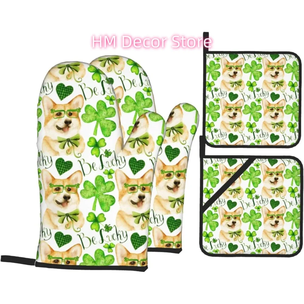 

Cute Corgi Green Clover Oven Mitts and Pot Holders Sets of 4, Cooking Gloves Non-Slip Heat Resistant Polyester Country Cute Styl