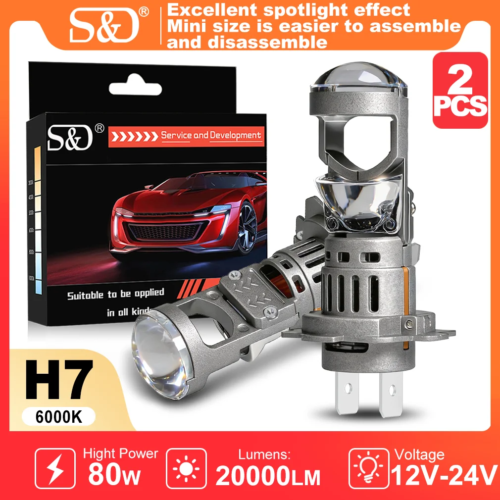 S&D H7 LED Projector Lens Canbus 80W 20000LM Double Lens H7 Car Headlight 6000K Car Led Light Bulbs Turbo Lamp for Auto Driving
