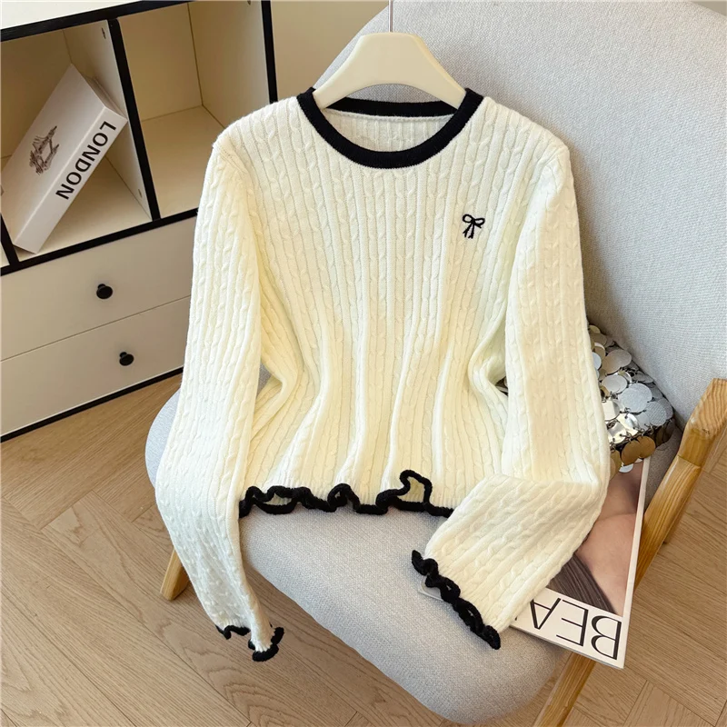 

Корейский вязаный свитер с вышивкой и узлом, женский цветной блузка для похудения, простой топ из полиэфирного волокна, длинный све r...