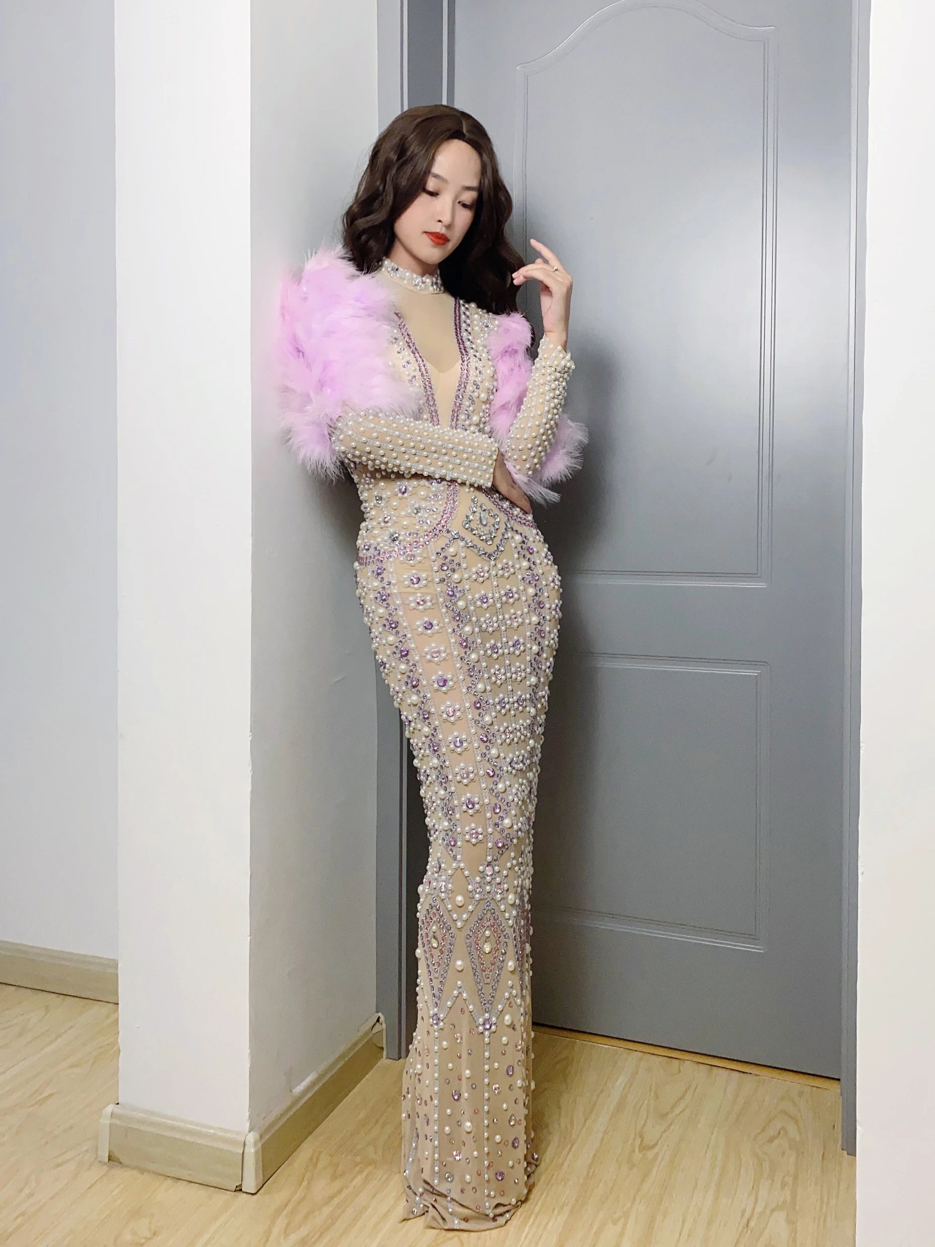 Party Banquet Pearls Evening Dresses Singer Performance Stage Costume Drag Queen Clothes Feather Rhinestones Long Dress yj010