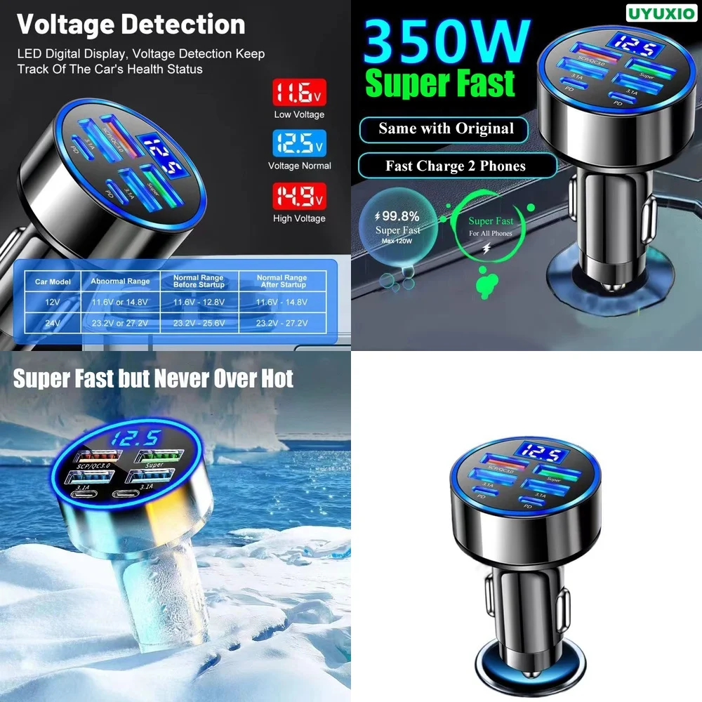 2 Type C 4 USB-A 6 in 1 Car Phone Charger QC 3.0 Quick Charge with LED Digital Display for iPhone 15 14 13 Samsung S23 Ultra