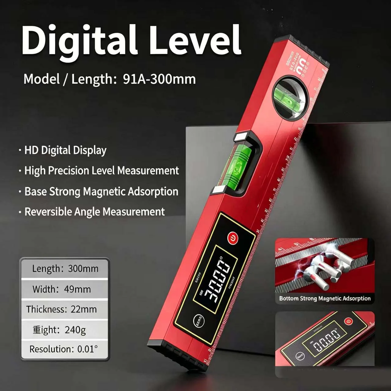 Alloy Digital Level with Magnet for Secure Mounting on Metallic Surfaces LCD Display with Auto-Flip for Any Orientation Reading