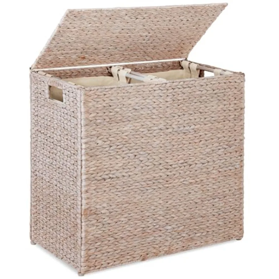 

Large double laundry hamper with lid crafted from natural handwoven water hyacinth features two spacious compartments includes