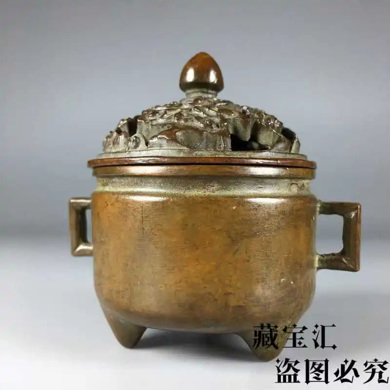 Old Collection Unearthed Antique Purple Copper Ding Xuande Double Ear Incense Burner Home Fragrant Censer Sculpture Statue