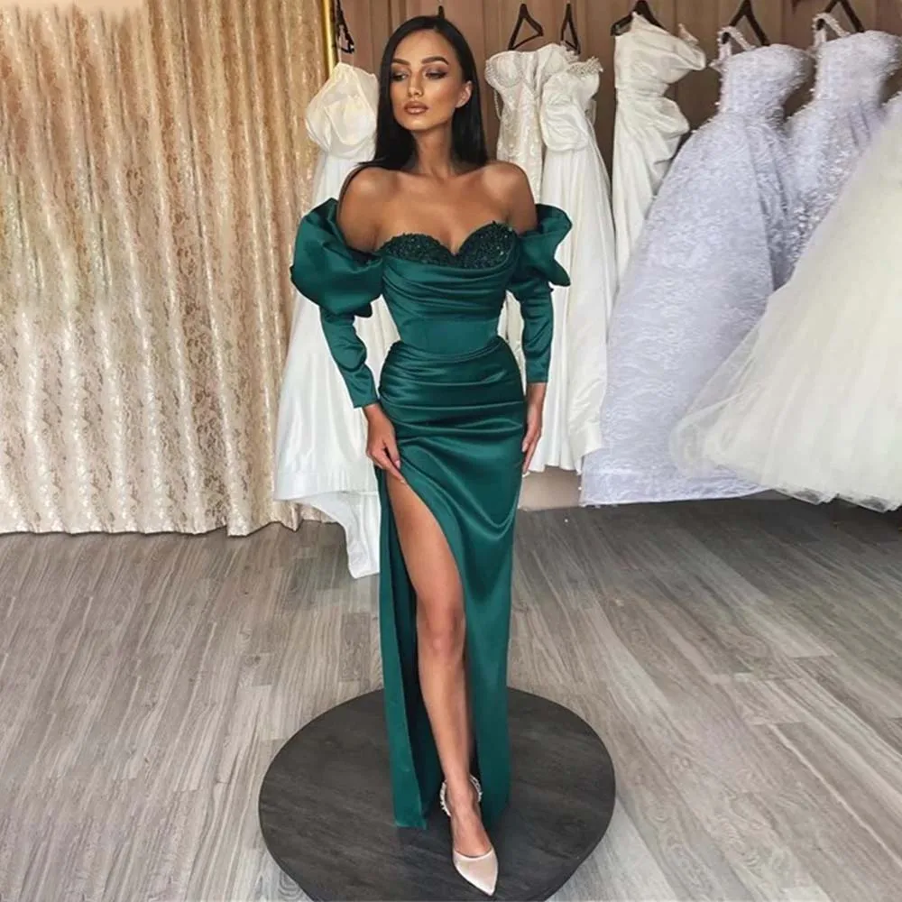 

Hunter Green Evening Dress for Women Satin Off the Shoulder Sweetheart Gown Long Sleeves Side Slit Mermaid Party Dresses