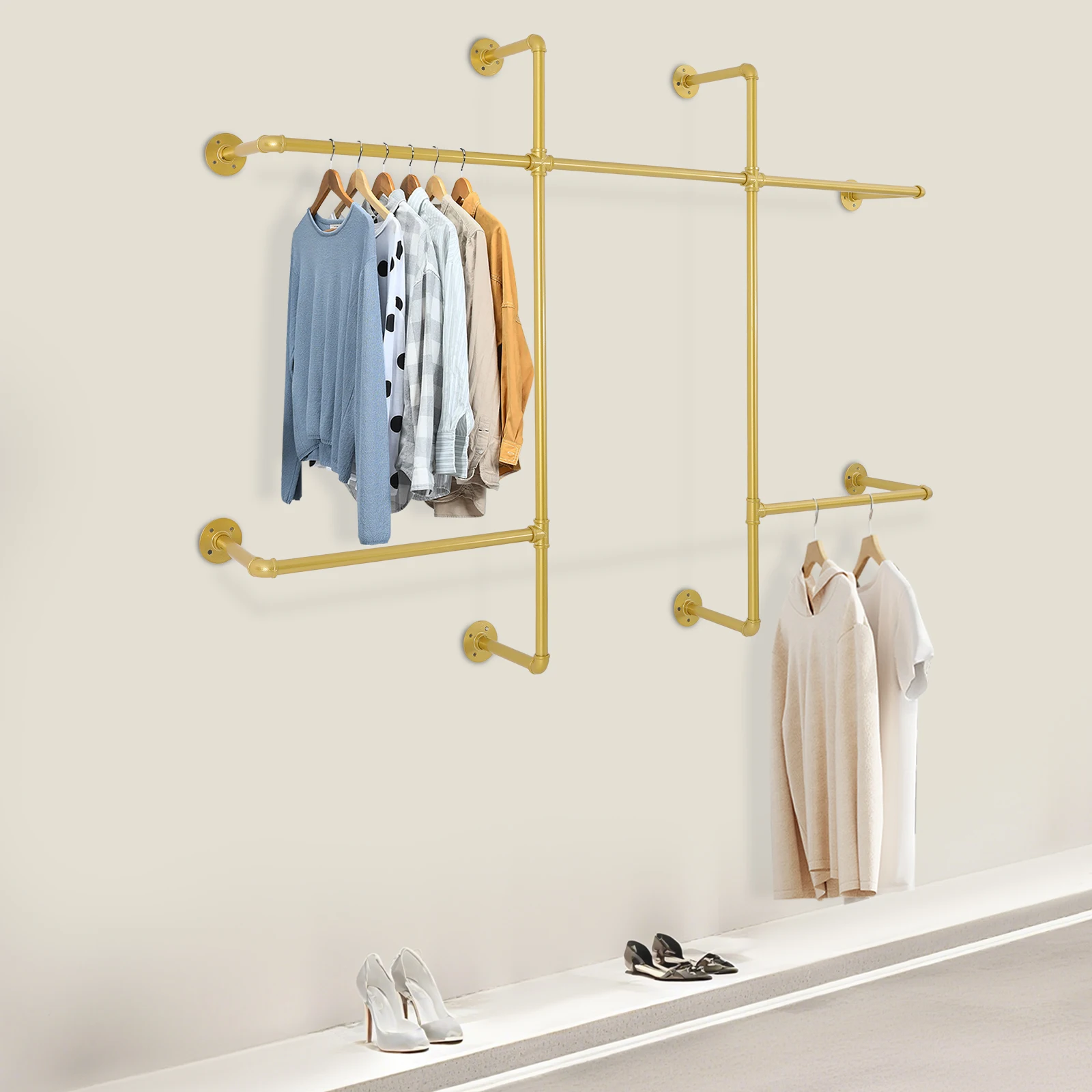 

(Gold) Wall Mounted Clothing Rack, Industrial Style Clothing Rack with 5 Hanging Rods, Clothes Display Rack for Hanging Clothes
