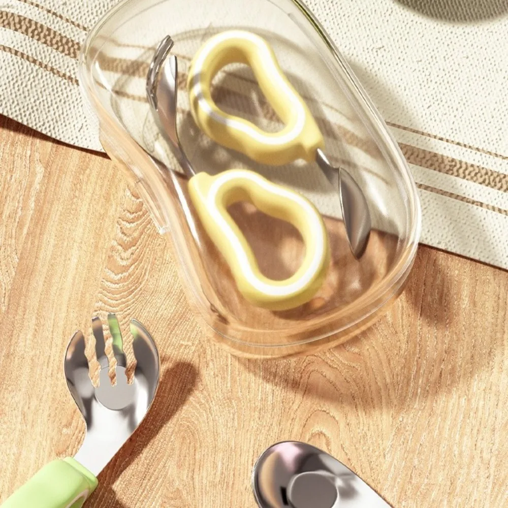 2Pcs Silicone Handle Baby Fork and Spoon Set 316 Stainless Steel Self Feeding Baby Cutlery with Storage Box Anti-Choke Design