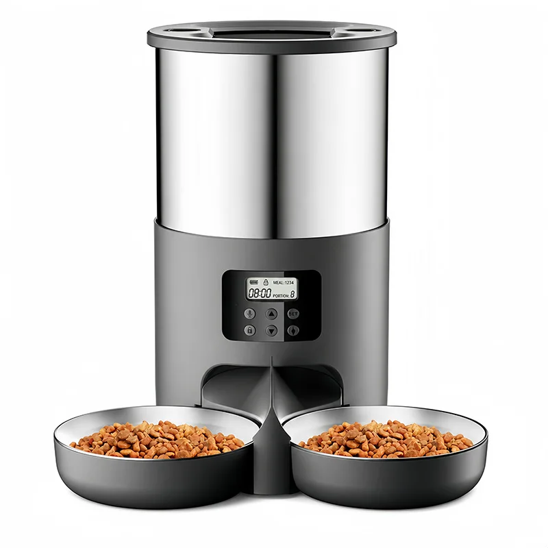 Dual Bowl Smart Pet Feeder 4.5L, Automatic Timed Quantitative Feeding, Detachable 304 Steel Bowls Voice Recorder for 2 Cats Dogs