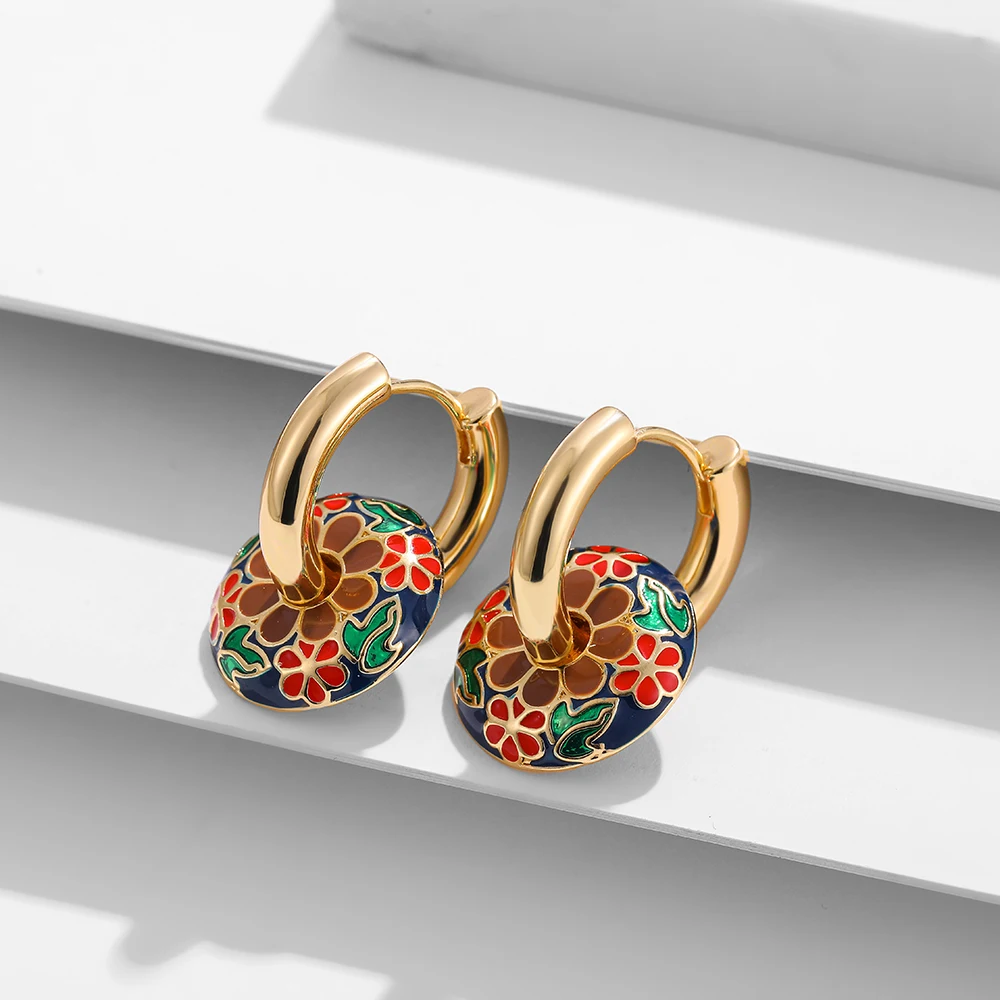 Vintage Round Enamel Colorful Flowers Circle Charms Dangle Earrings for Women Stainless Steel 18K Gold Plated Huggies Earring