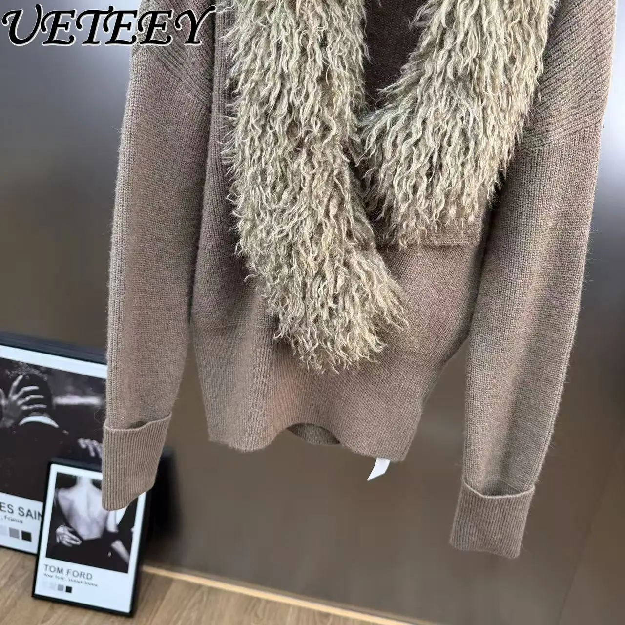 2026 primavera estilo francês socialite com decote em v cruz gola de pele grande camisola manga longa cintura-emagrecimento retalhos malha topo