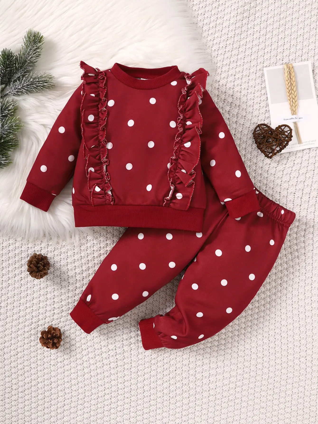 

Baby girl autumn exquisite style set, wine red polka dot hoodie, long pants with ruffle edge design for daily wear