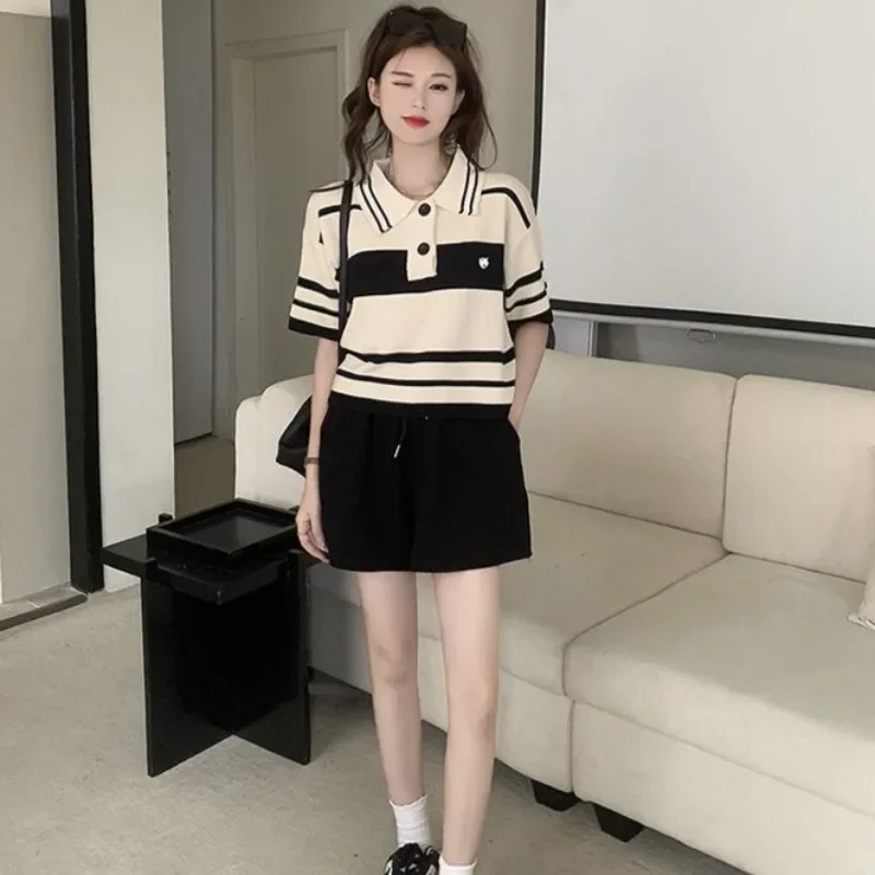 Summer Outfit Woman Tshirt Knitted Polo Neck T Shirt for Women Y2k Fashion Clothing Trend 2025 Sales Pretty Youthful Clothes In