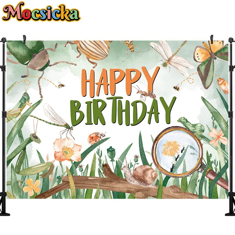 Mocsicka Insect World Background Cloth Party Decor Wild Animal Backdrop Jungle Safari Happy Birthday Party Decor Kids Boy Favor