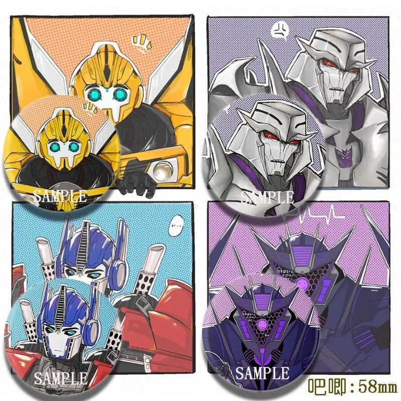 変身周辺バッジ 4 個: オプティマスプライム バンブルビー、メガトロン ロボット 学生ギフト スクールバッグペンダント 58mm
