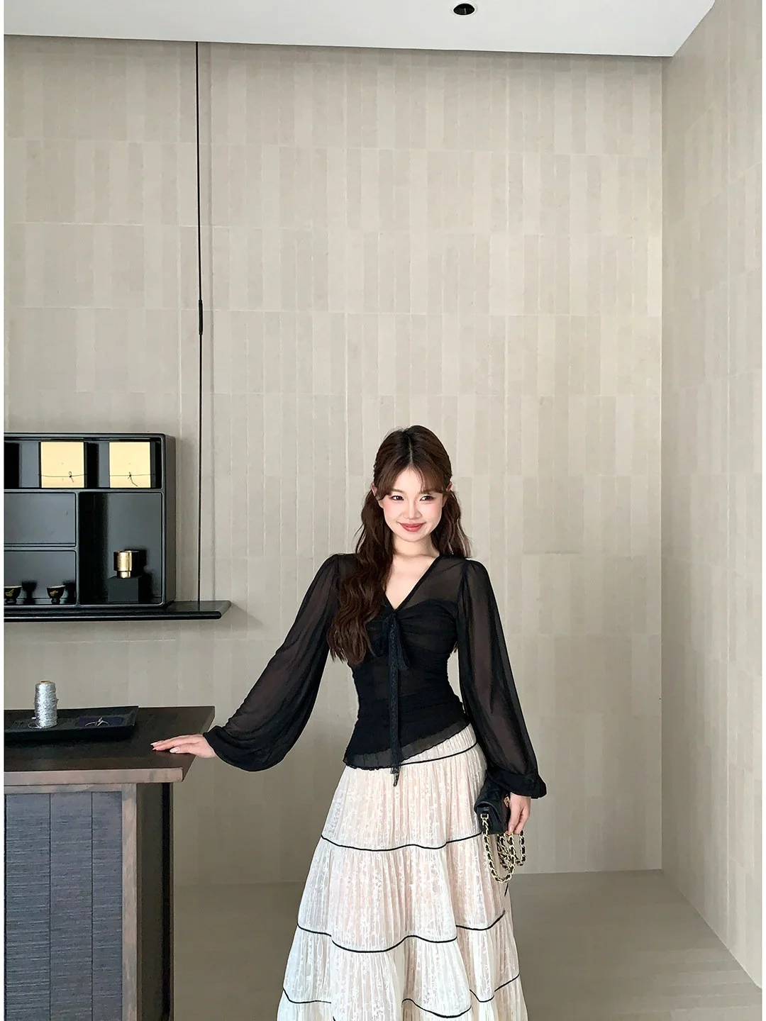 

Bla Top White Lace f Skirt Women's Faion Set Spring Autumn Winter Long Sve Velvet Clothing Ele Lady Sle