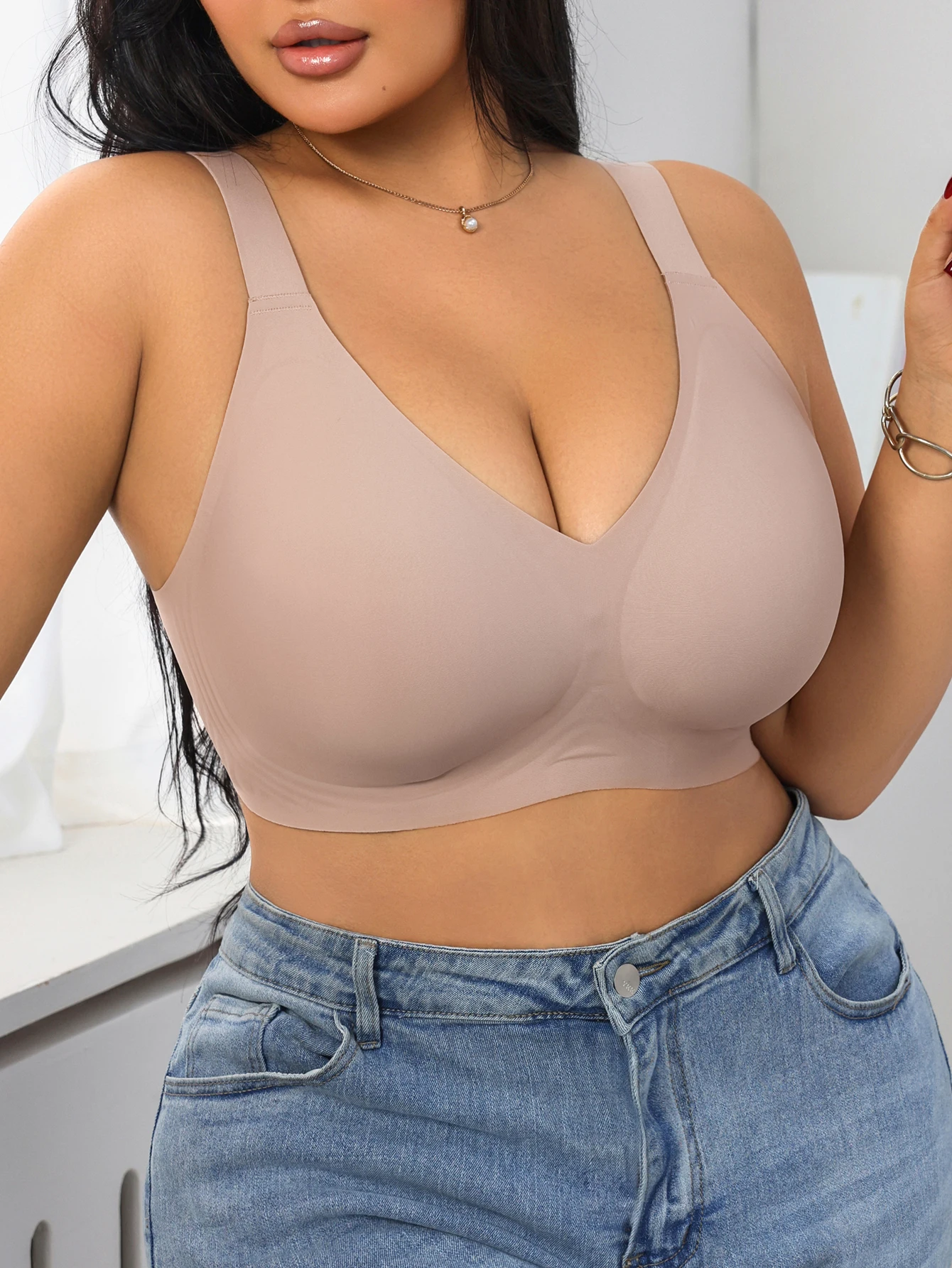 Plus size seamless jelly gel solid color full coverage anti splash anti sagging bra, super large comfortable high elastic underw image 3