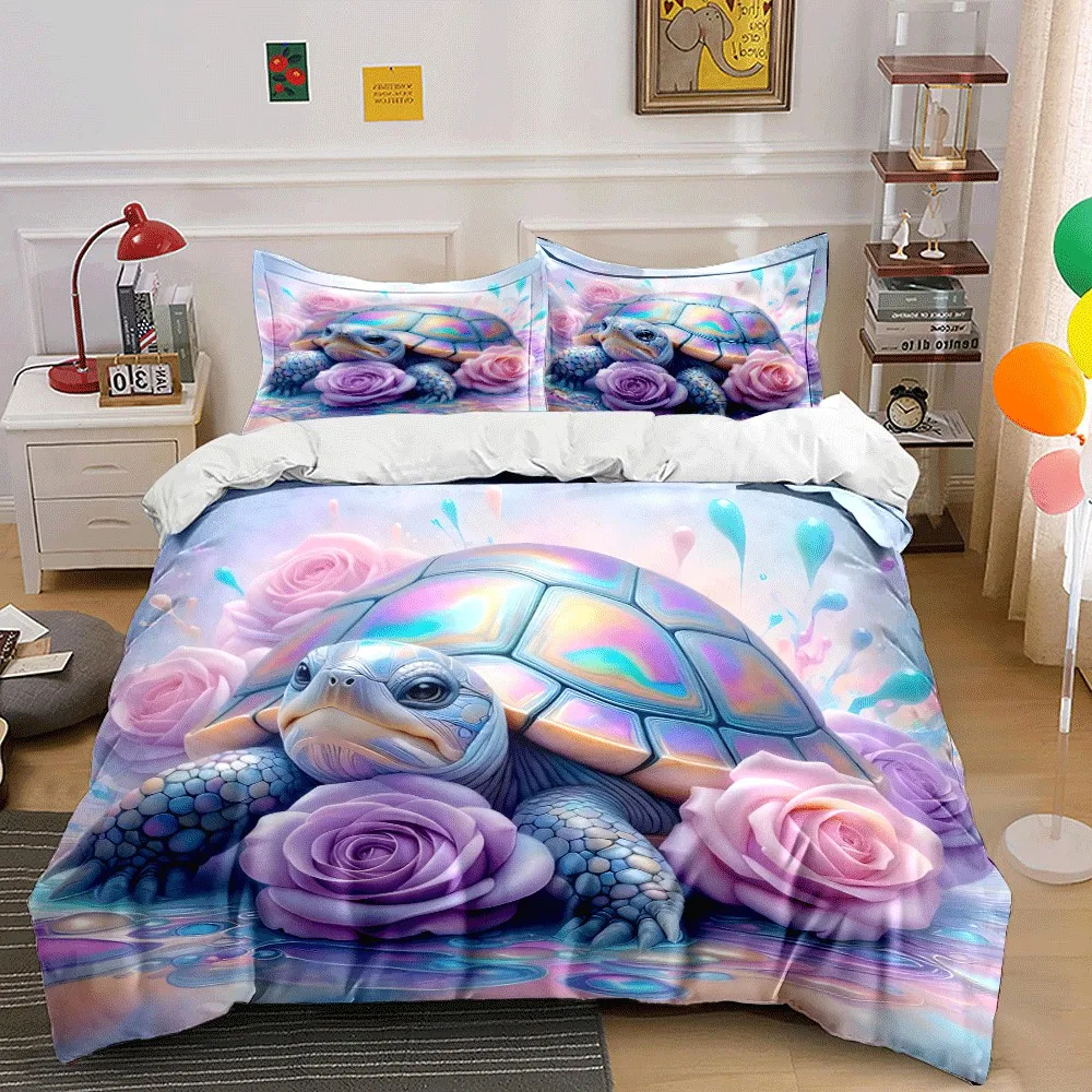 Iridescent Turtle and Floral Bliss Set Exquisite three-piece bedding set gift for kids and adults
