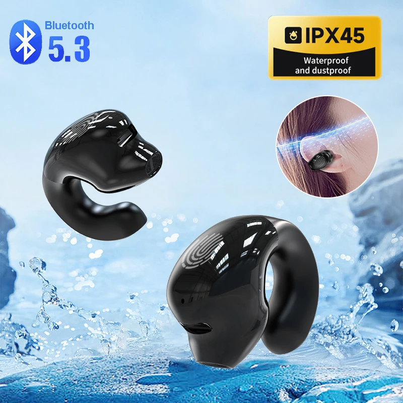 Wireless Ear Clip on Headphone TWS Bluetooth 5.3 Earphone Single in-Ear HiFi Stereo Touch Control Sports Headset with Mic