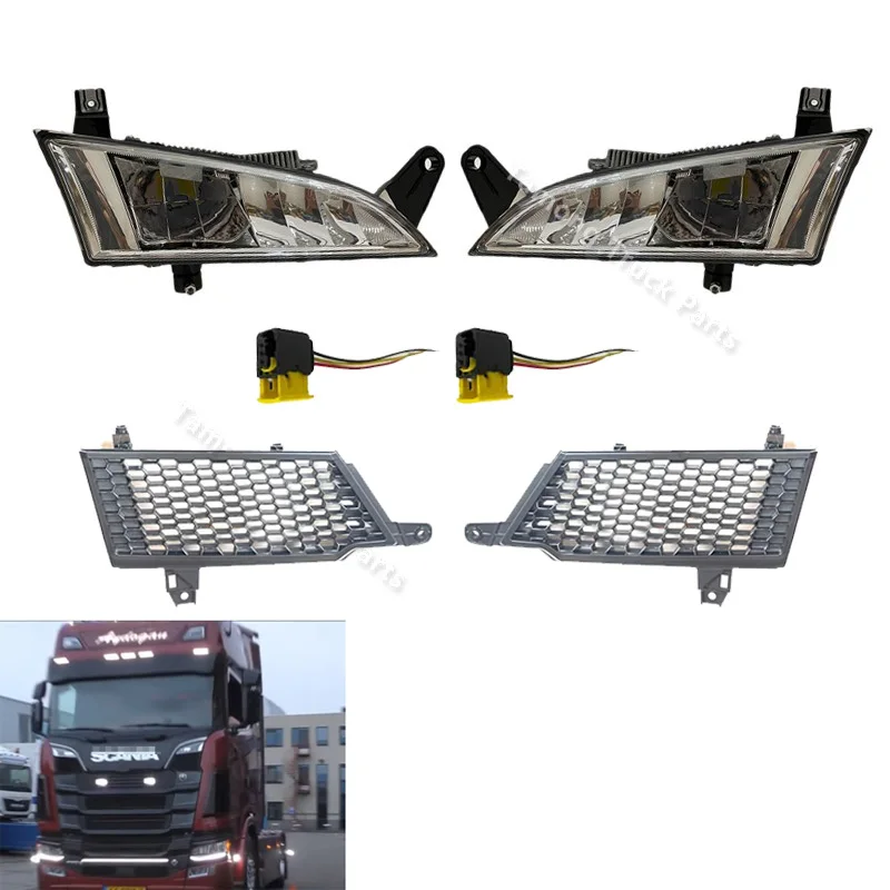 One Pair Fog Lamp And Grille with 2 plug Fit For Scania R/P Truck 24V LED Light 2552712 2552711 With Cover Panel 2307647 2307649