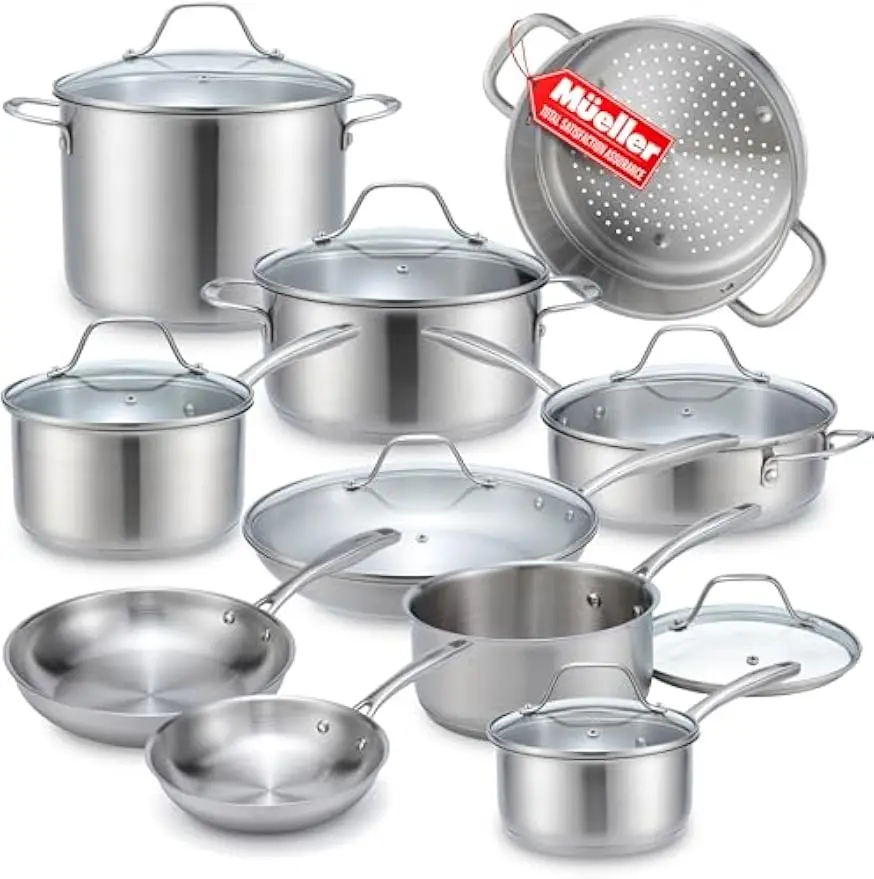 17 Piece Stainless Steel Pots Pans Set Tri Ply Ultra Clad Pro Cookware Induction Ready Oven Safe Even Heat Aluminum Core Include