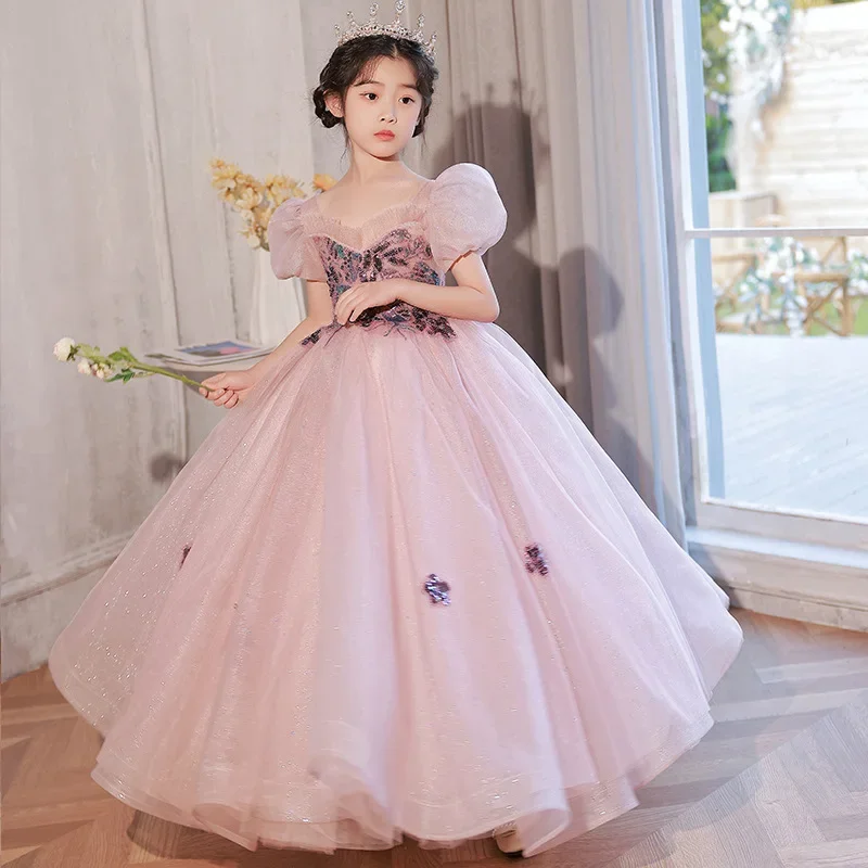 Robe de Princesse en Dentelle de Verre pour Adolescente, Vintage, Appliques de Fleurs, Costume en Tulle pour Enfants, Bal de Promo, Longue, Éducative