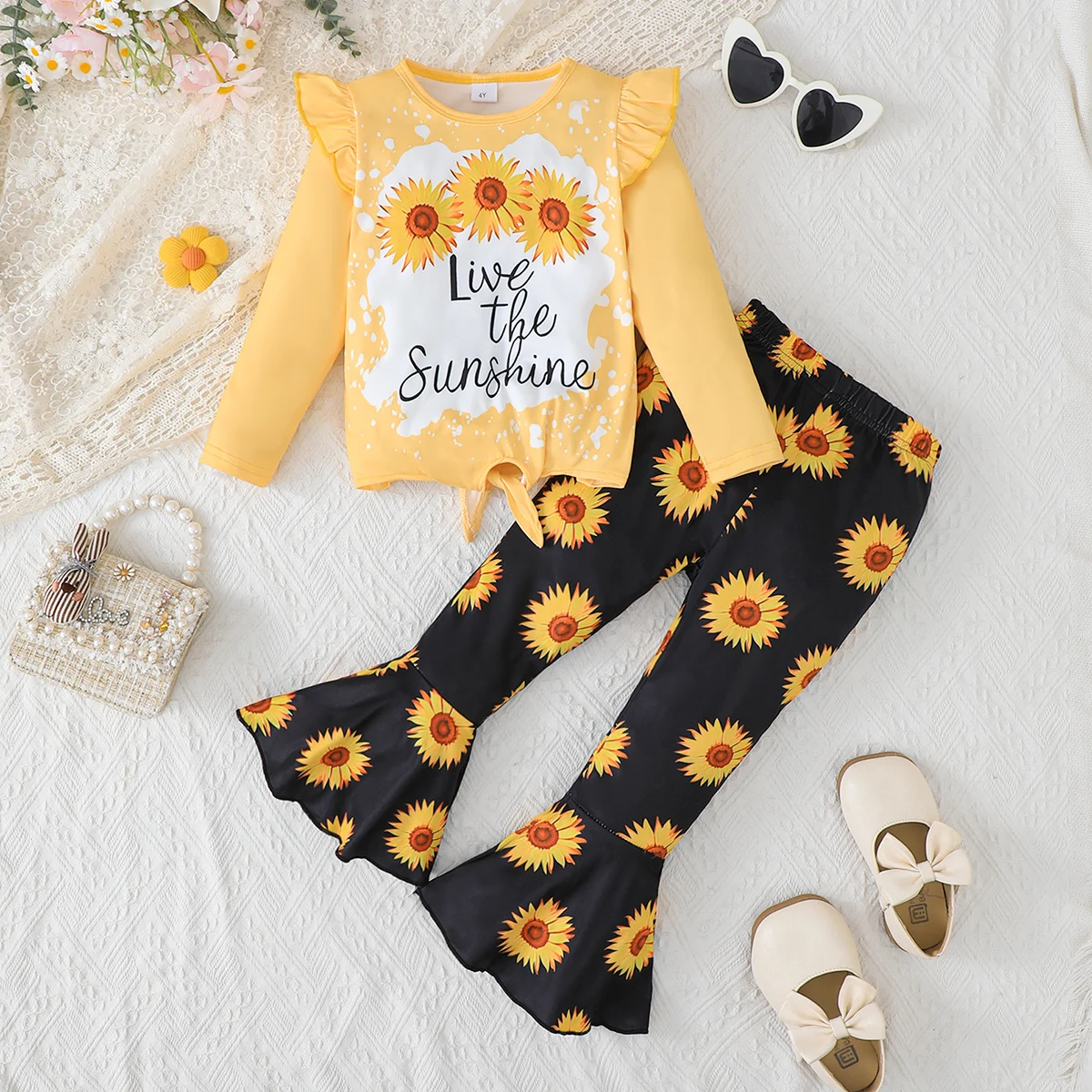 ملابس أطفال بناتي طقم بلوزة مطبوعة عباد الشمس + طقم مكون من قطعتين بأكمام طويلة متوهج للفتيات بعمر 4-7 سنوات في مجموعة ربيع الخريف