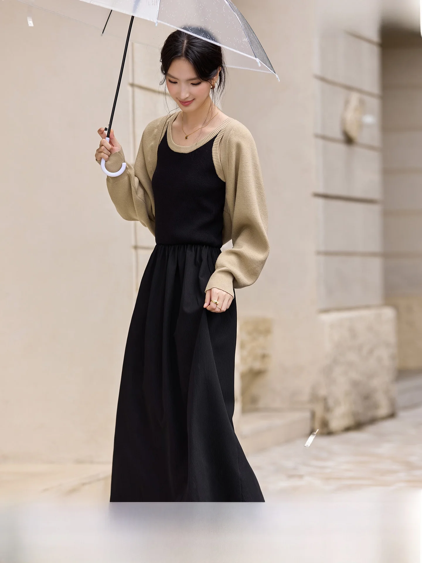 

Fashionable Casual Khaki Vest Dress Set Women's 2025 New Style Shoulder Coat Slim Fit Dress Two Piece Set round Neck Long Sleeve