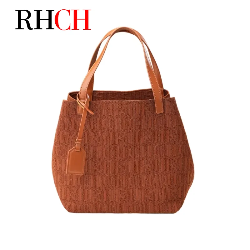 Brand Women Tote Bag 2026 New Knitted Monogram Print Handbag Casual Large Capacity Top-Handle Bag for Work