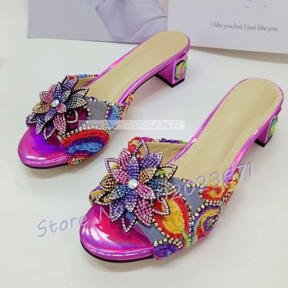 

Colorful Crystal Flower Slippers Women Retro Mid Heels Luxury Embroider Shoes Summer Open Toe Trends Wide Fit Sparkly Slippers