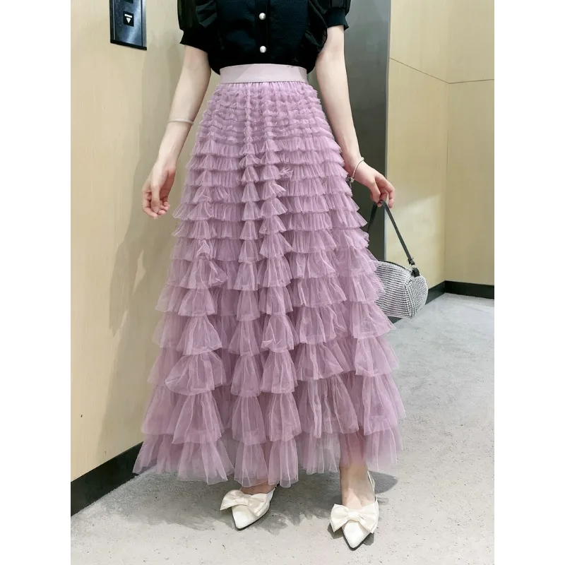 

Women’s Multilayer Ruffles Tulle Skirt Pleated High Waist Fluffy Maxi Skirt Fairy Long Cake Dress Party Mesh Tutu Skirts