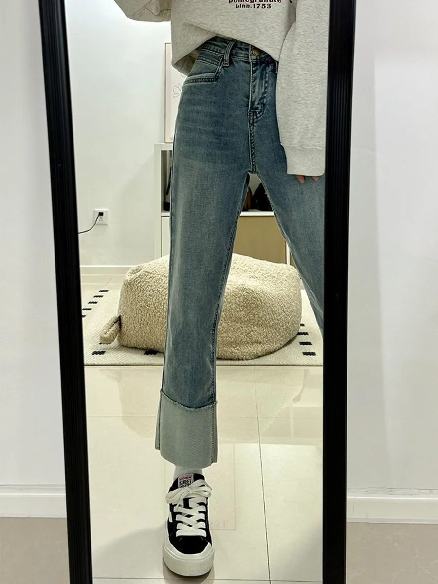 

High Waist Elastic Denim Jeans Women's Spring Summer plus Size Small Height Slim Nine Tube Straight Leg Pants