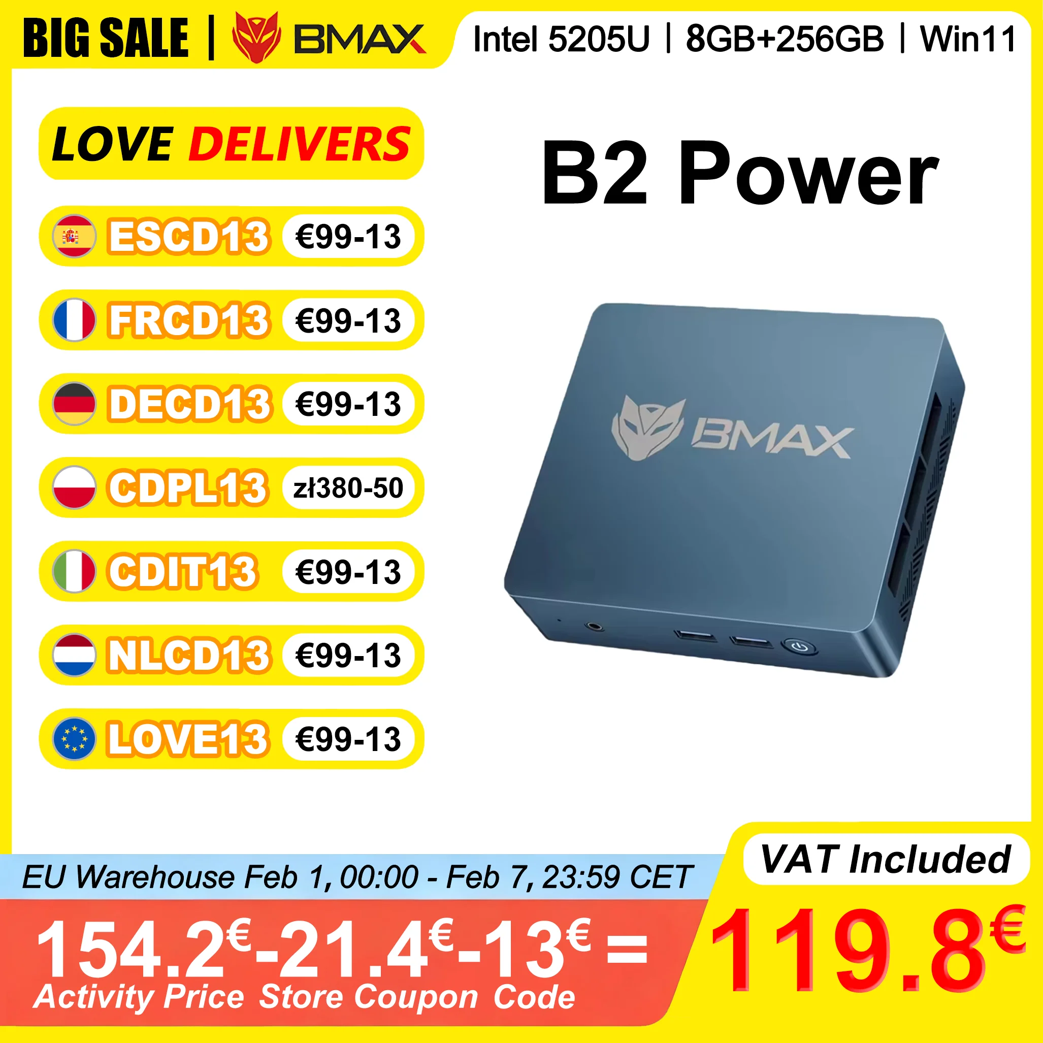 BMAX B2 Power Mini PC 8GB RAM 256GB SSD Intel 5205U CPU Obsługuje do 64GB RAM Grafika 4K@60Hz dla systemu Windows 11