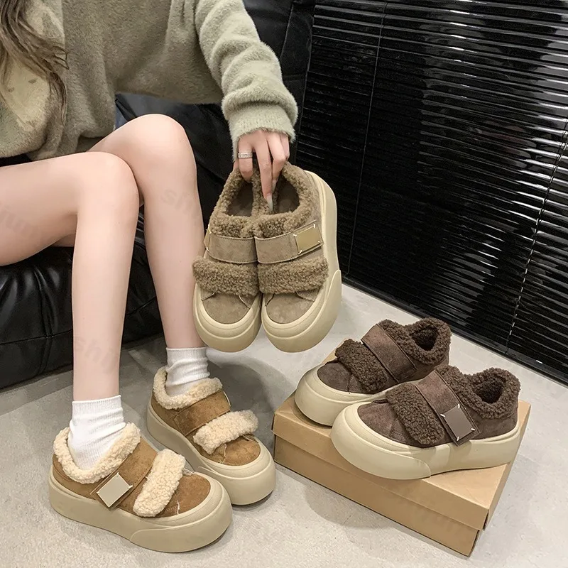Retro warme, dicke, haarige, vulkanisierte Schuhe für Damen, 2025, Winter, neue Mode, vielseitige, weiche Plüsch-bequeme, klobige Baumwollschuhe