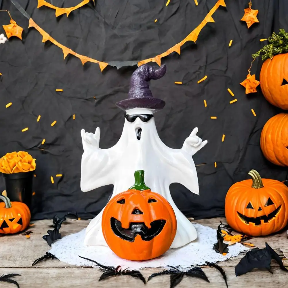 

Spooky Ghost Figurine Spooky Halloween Ghost Pumpkin Statue with Hat Sunglasses Resin Figurine Holiday Party Home Desktop for A