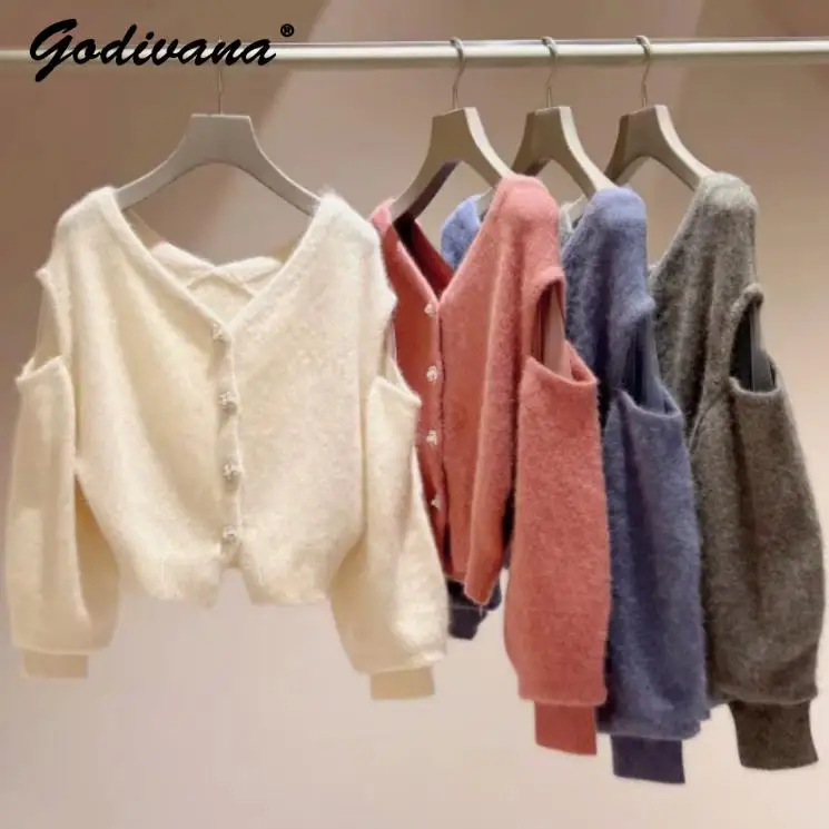 

Solid Color V-neck Cardigan Sweater Rhinestone Buckle Off-the-Shoulder Knitwear Japanese Style Autumn and Winter Knitted Coat