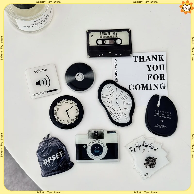Black White Acrylic Fridge Magnets Simple Clock Cassette Poker Camera OK Calendar Tape Art Drip Glue Magnetic Home Decoration