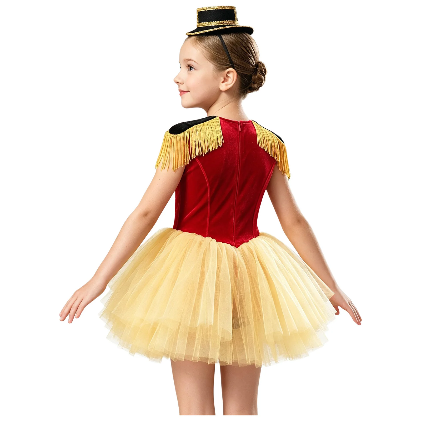 Kids Girls Halloween Circus Ringmaster Cosplay Costume Tassel Epaulette Gold Trim Velvet Patchwork Tulle Dress Built-in Briefs
