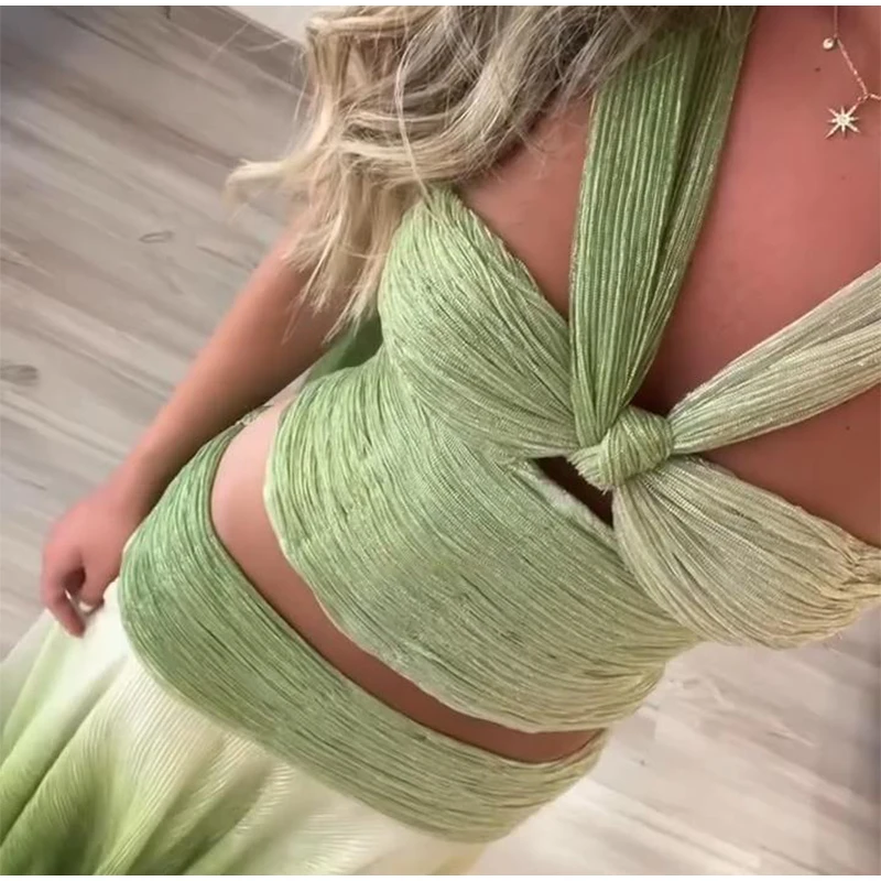 

Gradient Ruffle Long Skirt 2-piece Set Sleeveless Backless Hollow Out Halter Tops Suits 2025 Summer Fashion Women's Clothing