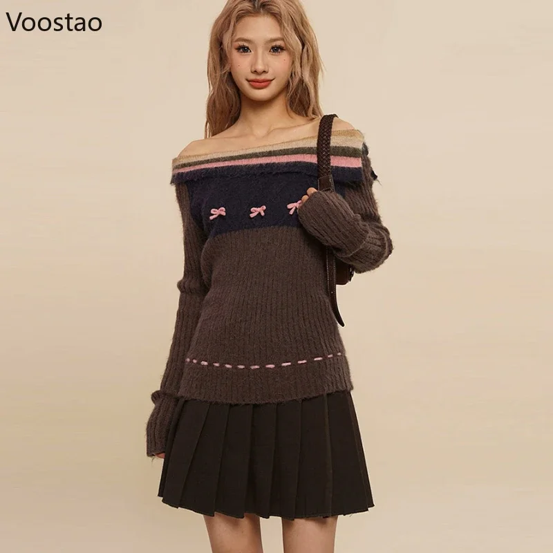 Autumn Winter Y2k Aesthetic Knitted Pullovers Women Elegant Striped Slash Neck Bow Sweaters Fashion Female Vintage Knitwear Tops