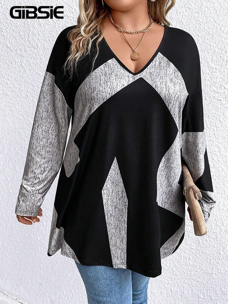 

GIBSIE Plus Size Colorblock V-Neck Long Sleeve T-Shirt Women 2026 Spring Casual Long Tee Big Size Female Loose Tshirt Top
