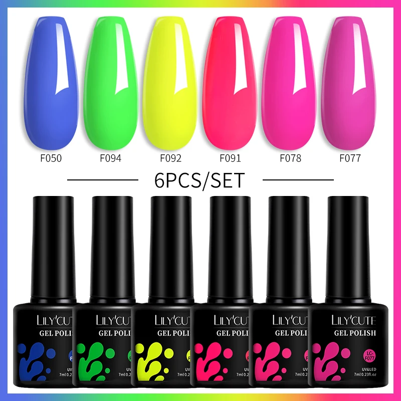 LILYCUTE 6 stks/set Neon Gel Nagellak Set Kit Fluorescerende UV LED Nail Art Gel Vernis Semi Permanente Base Top Coat vernis