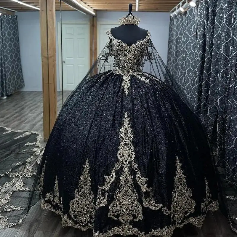 

Black Shiny Quinceanera Dresses Ball Gown Off The Shoulder Appliques Lace Beaded Puffy Mexican Sweet 16 Dresses Charro 15 Anos