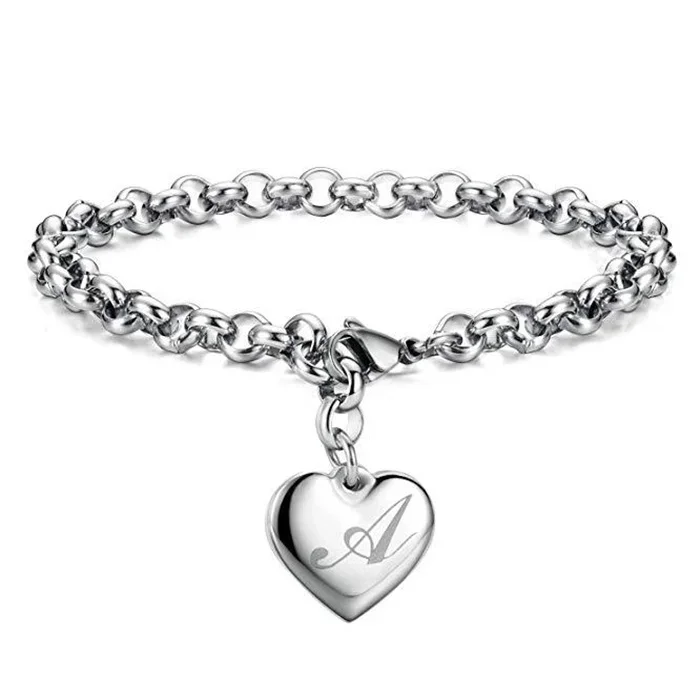 

925 Sterling silver Fine 26 Letter women men chain Bracelet Charm Heart Cute wedding Personality Jewelry lady gift party 20cm