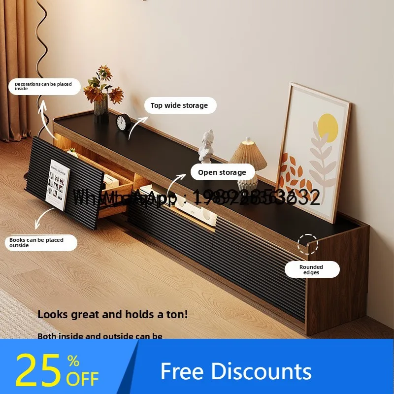 TV Cabinet Floor Cabinet Solid Wood Walnut Color Vintage Style Coffee Table Set High-End Feel TV Stand Rock Slab