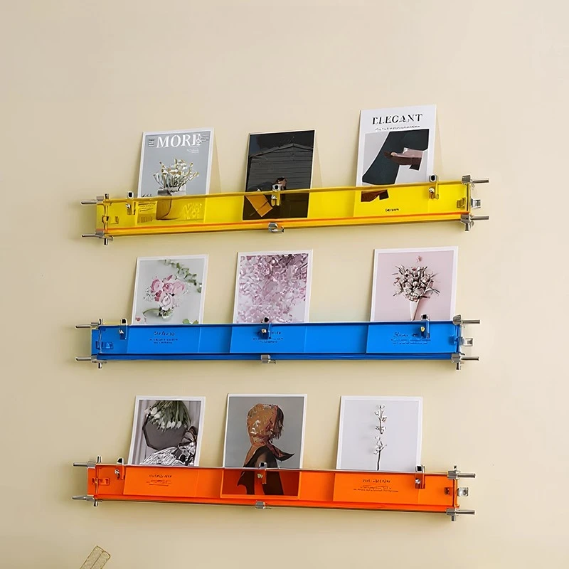 ‌Multicolor Acrylic Magazine Rack, Linear Wall-Mounted Book Display, Stylish Background Decor, Space Saving Shelf Organizer