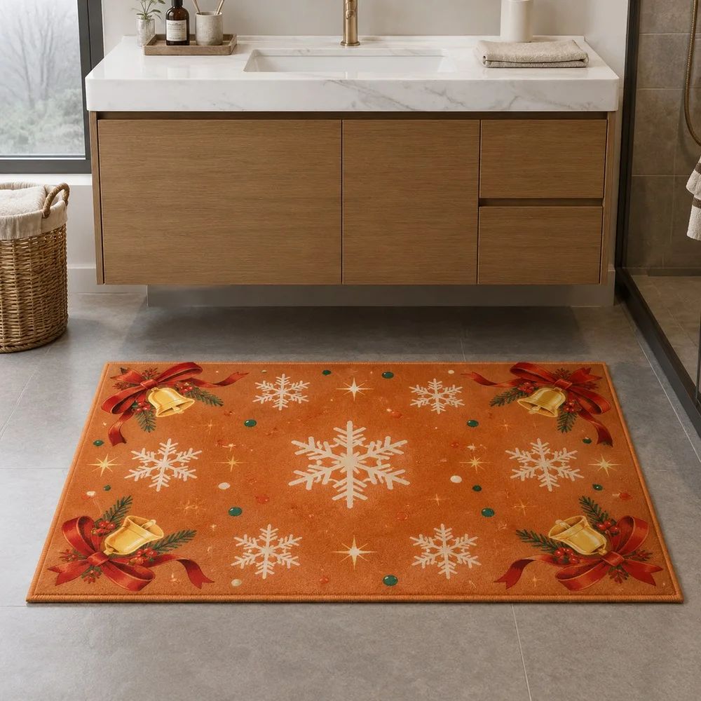 VIKAMA Living Room Rug Caramel Orange Christmas Snowflake Bauble Scatter Walk In Closet Bathroom Hallway Bedside Xmas Gift