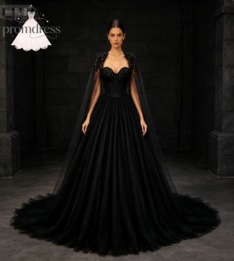Black Gothic Cape Wedding Dress With Beaded Vintage A Line Tulle Beaded Bride Gowns 2026 Dark Alternative Robe De Mariage Withy