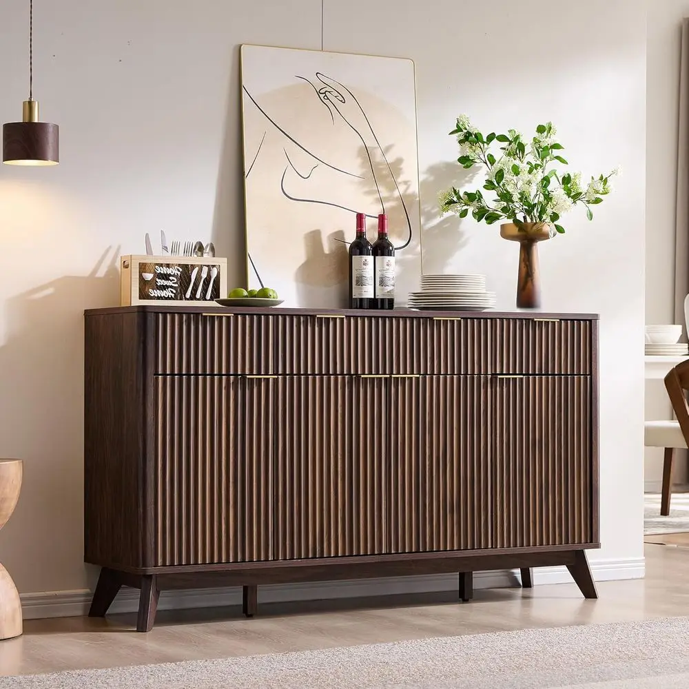 

60 Walnut Large Buffet Sideboard with Storage, 3 Drawers & 4 Doors, Dining/Living Room Wine Bar Cabinet
