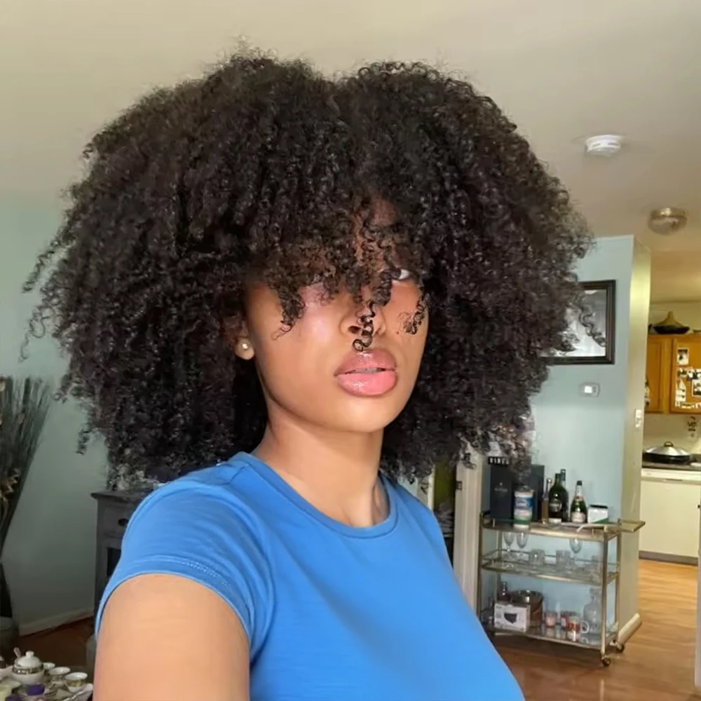 Mongolische Afro-Kinky-Curly-Echthaarperücken mit Pony, federnd, 300 % Dichte, brasilianische, kleberlose Bob-Perücken für Frauen, sofort tragbar